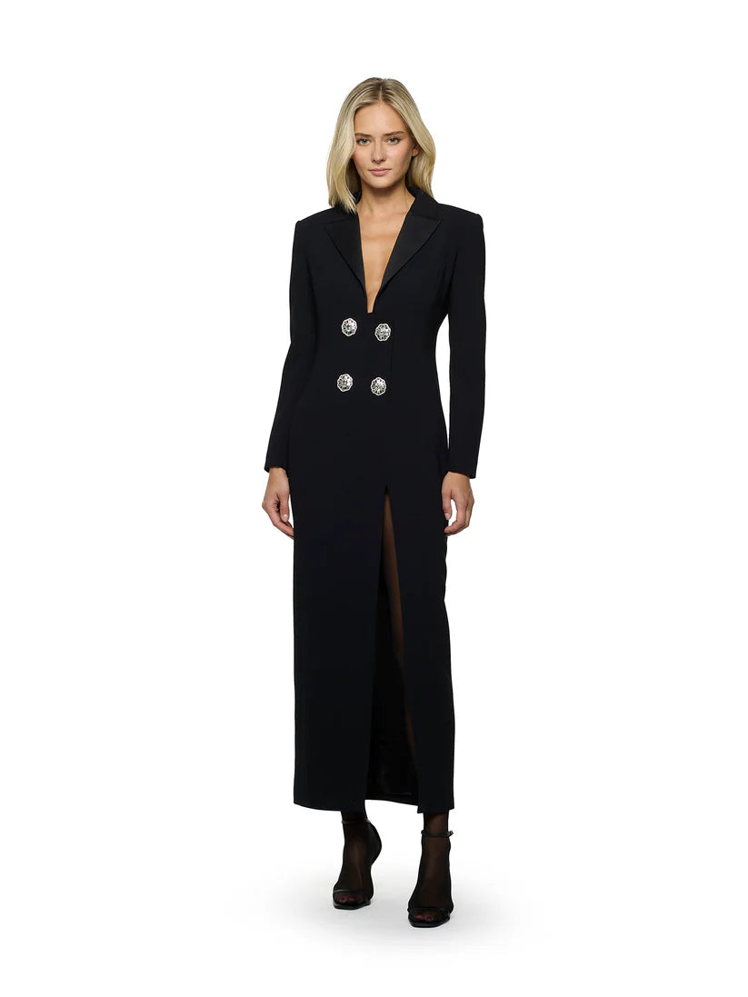 ABITO LUNGO A MANICHE LUNGHE IN ENVER SATIN CON BOTTONI GIOIELLO CON CRISTALLI SIMONA CORSELLINI