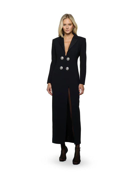 ABITO LUNGO A MANICHE LUNGHE IN ENVER SATIN CON BOTTONI GIOIELLO CON CRISTALLI SIMONA CORSELLINI