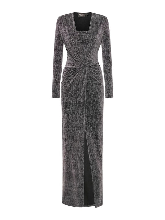 ABITO LUNGO A MANICHE LUNGHE CON NODO FRONTALE E FASCIA IN TESSUTO ELASTICIZZATO CON STRASS SIMONA CORSELLINI