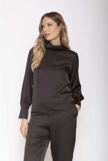 BLUSA COLLO ALTO SATIN MOKA MOKI-B