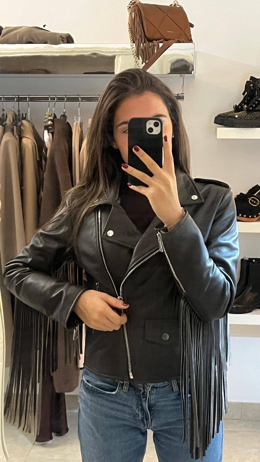 CHIODO IN ECOPELLE MARRONE CON FRANGE MOTEL