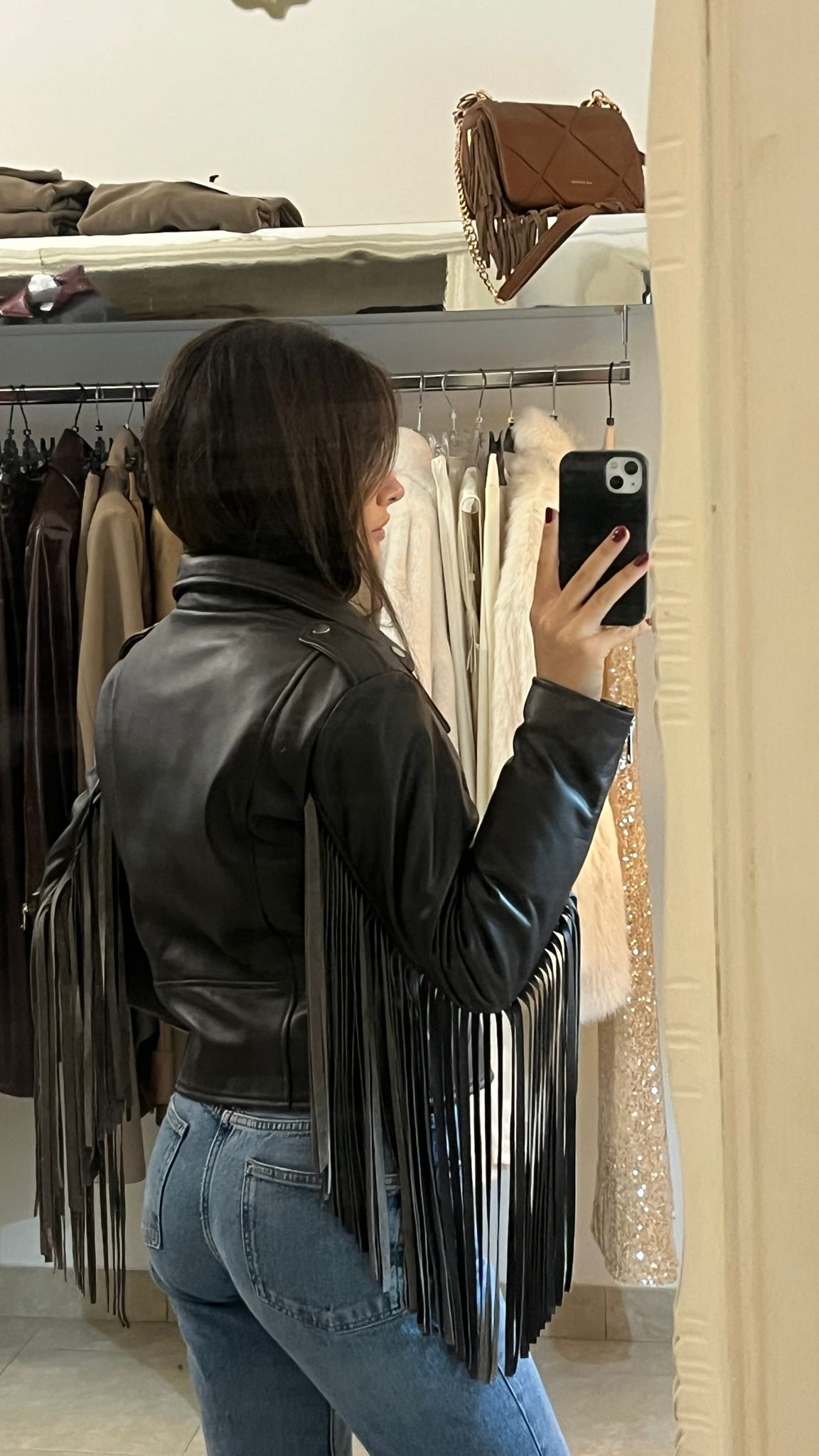 CHIODO IN ECOPELLE MARRONE CON FRANGE MOTEL