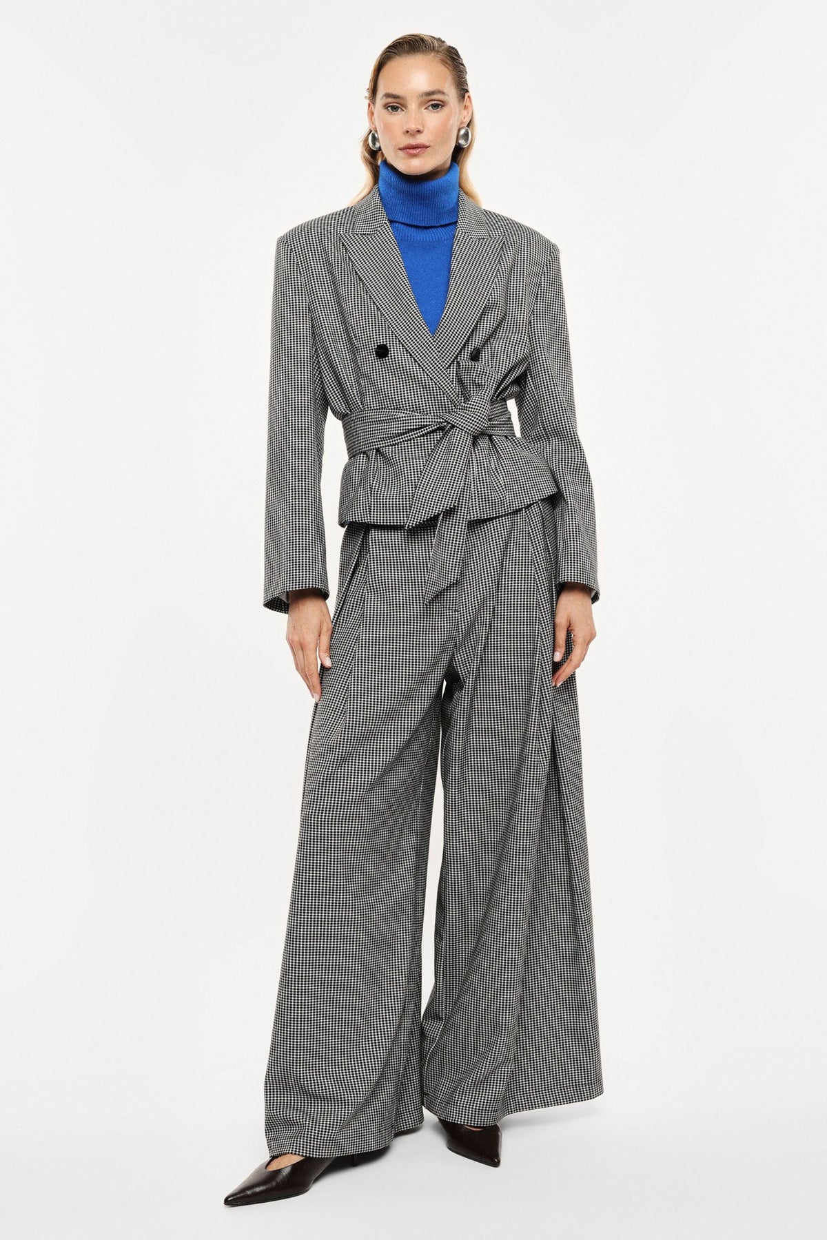 PANTALONE PALAZZO A VITA ALTA CON MOTIVO MICROCHECK